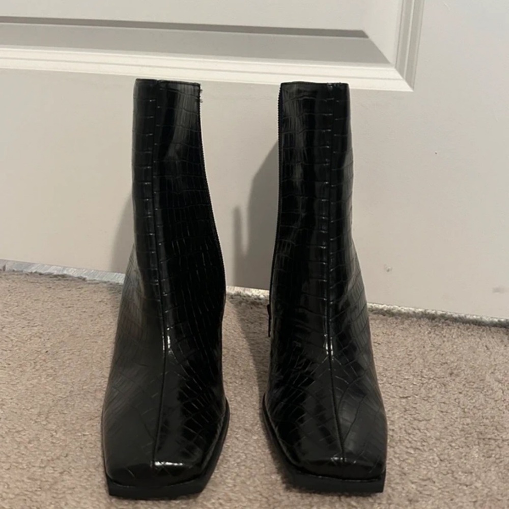 Lulu's Black Croc-Embossed Square Toe Ankle Boots
